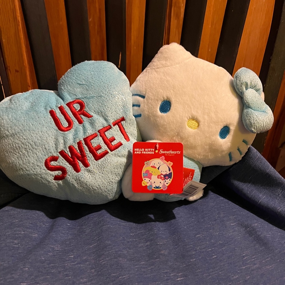 Hello Kitty Blue and White Stuffed Animal with Heart Pillow